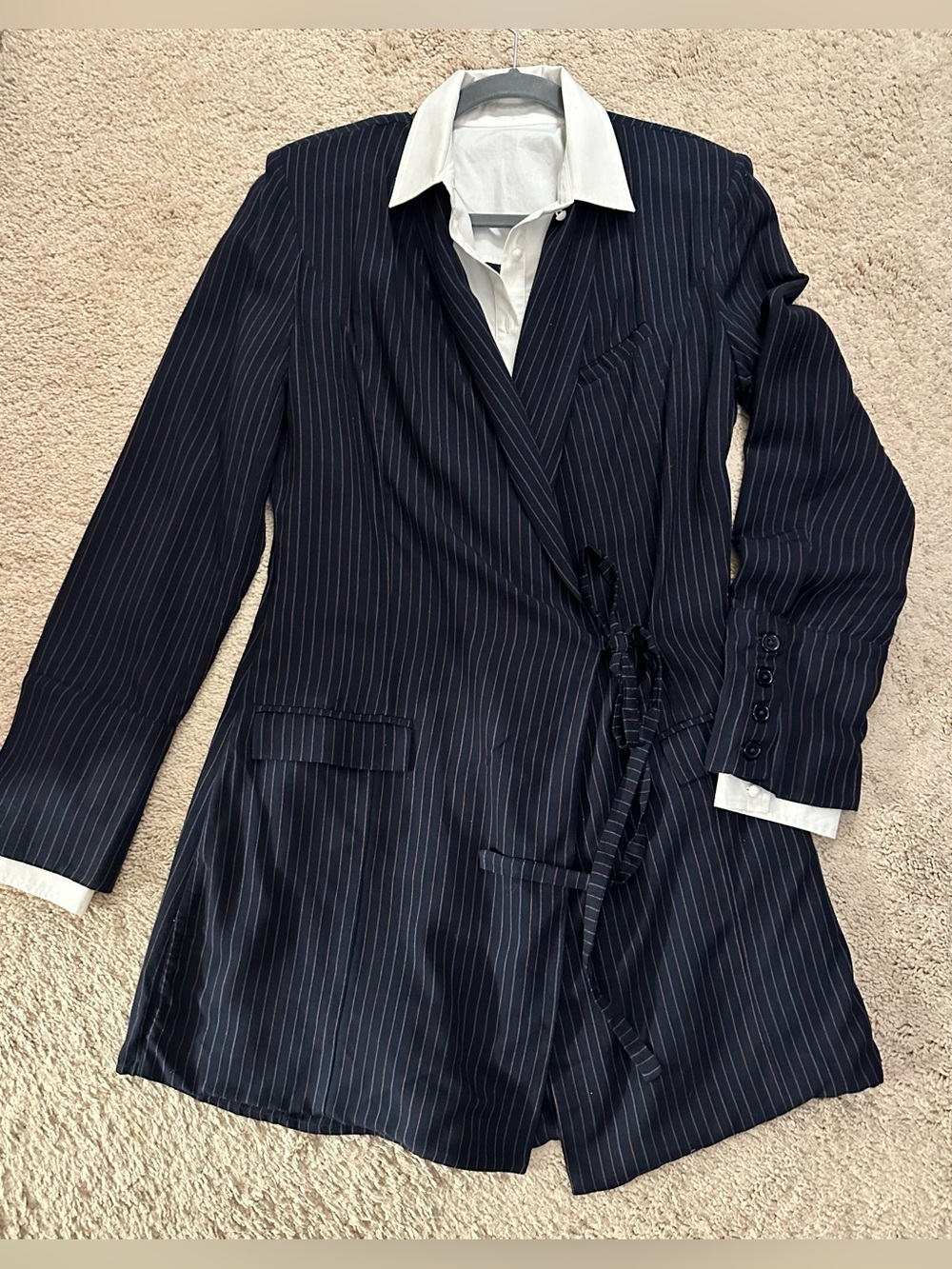 New Navy Pinstripe Blazer Romper with Detachable Button Down Front , S